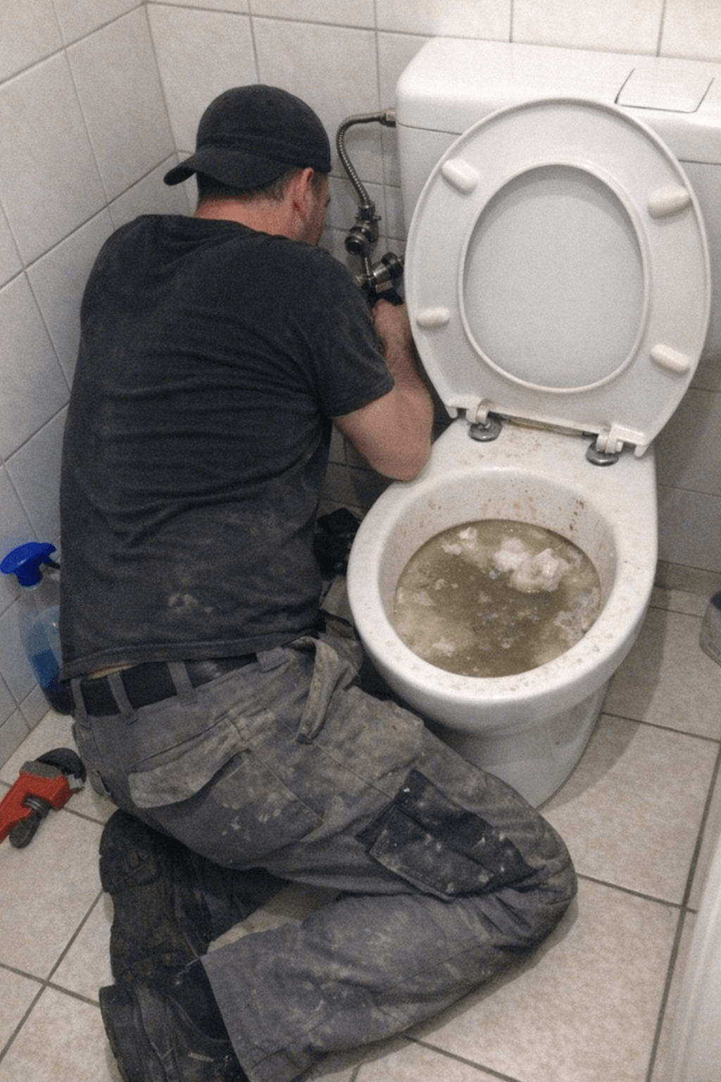 Monteur kniet neben dem WC, prüft den Wasserstand und bereitet Abdeckmaterial sowie Werkzeuge vor