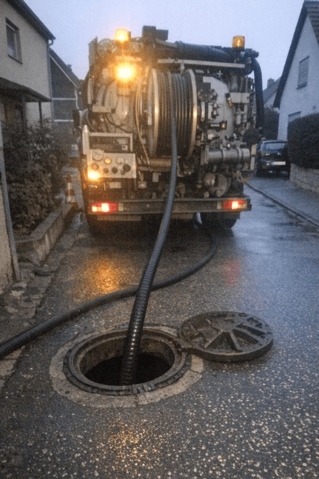 Spülfahrzeug steht am Straßenrand, Hochdruckschlauch führt in einen geöffneten Kanaldeckel