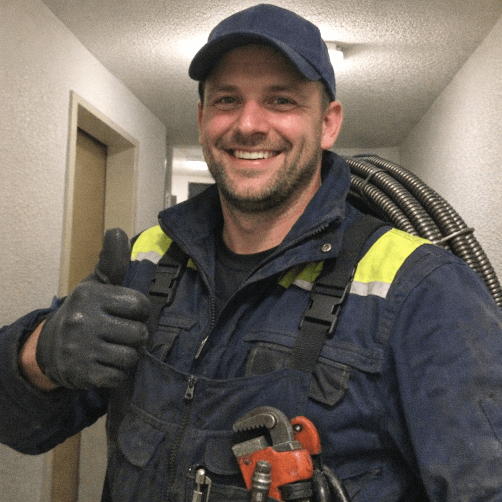 Sanitärmonteur mit Werkzeugkoffer steht im Hausflur neben der geöffneten Serviceklappe eines Badezimmers