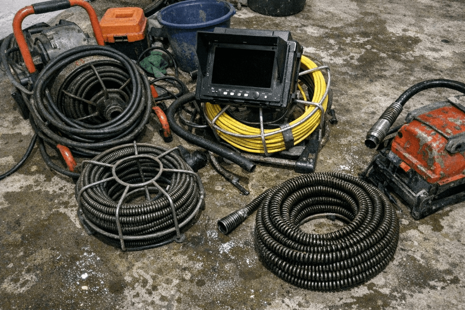 Rohrkamera mit Monitor liegt auf einem Werkstattwagen, daneben Handschuhe und Dichtungsmaterial