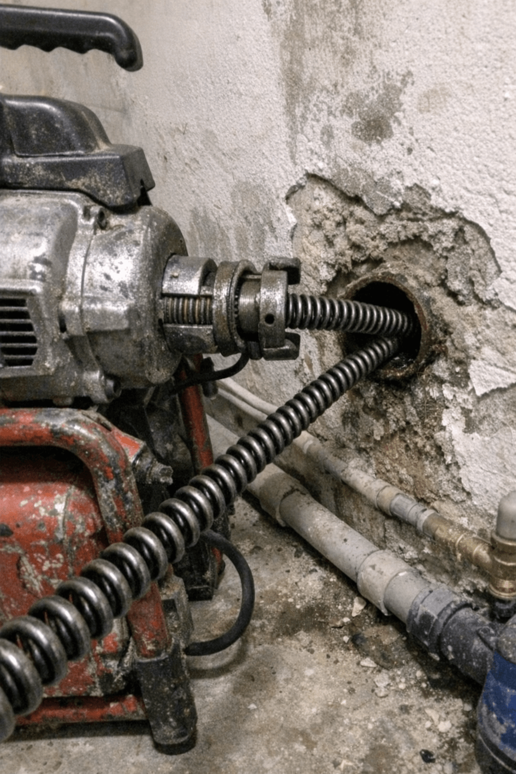 Techniker führt eine motorisierte Reinigungsspirale in eine Revisionsöffnung ein, Boden ist mit Schutzfolie abgedeckt