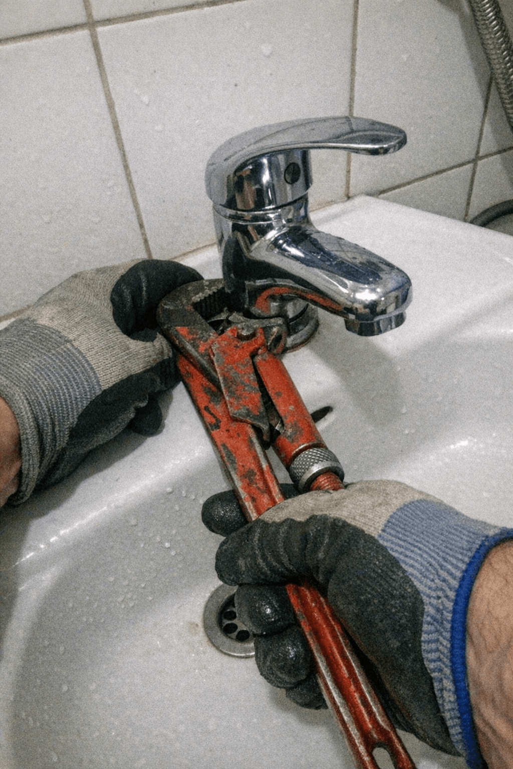 Installateur montiert einen neuen Einhebelmischer am Waschbecken, daneben liegen Dichtungen und Werkzeug