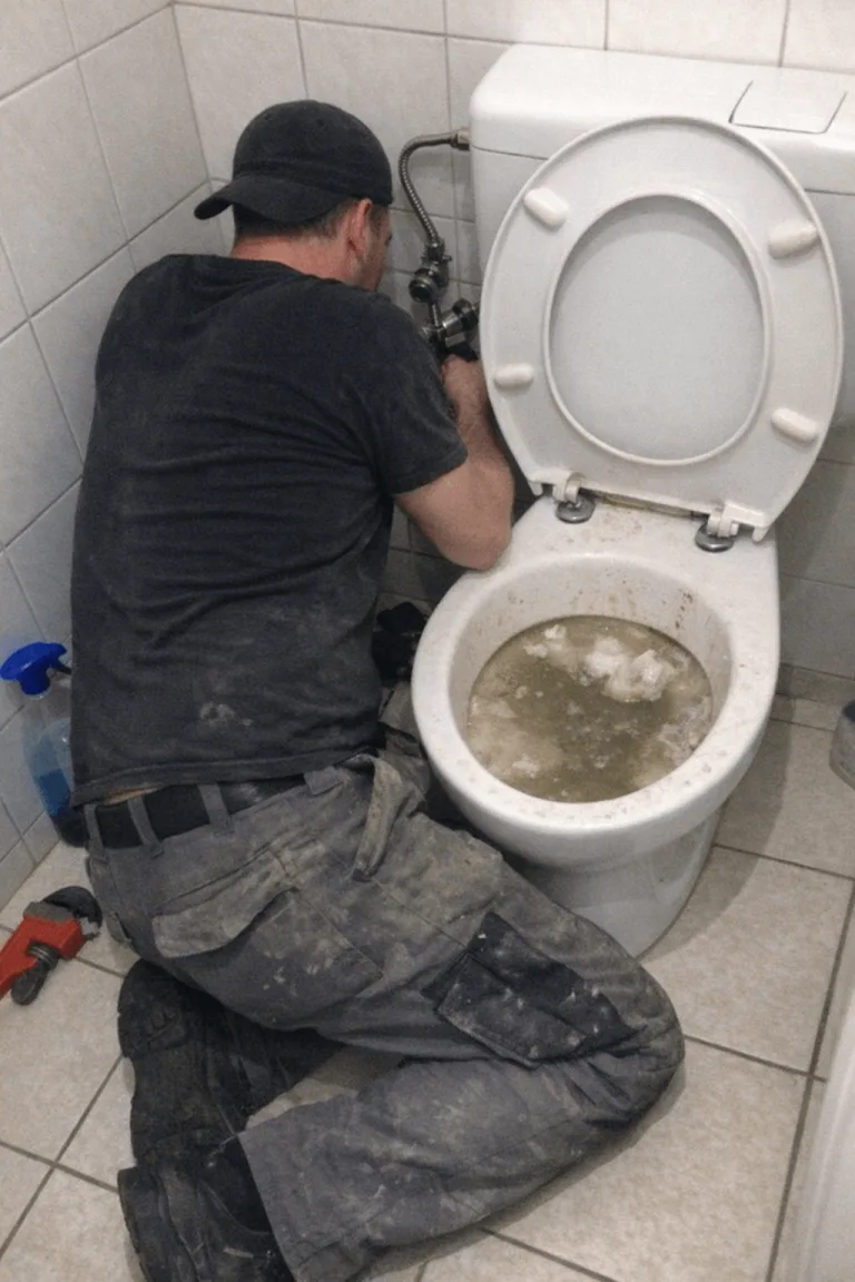 Sanitärtechniker behebt fachgerecht die Blockade im Badezimmer
